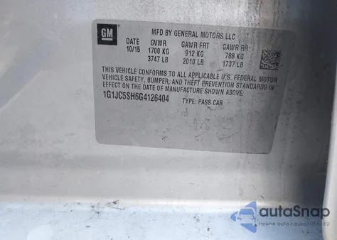 2016 Chevrolet Sonic Lt Auto from USA, damaged, VIN 1G1JC5SH6G4126404